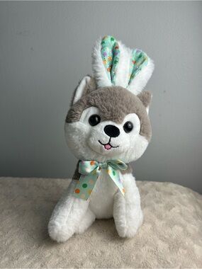 Walmart Husky Puppy Dog Plush Stuffed Animal Bow Gray White Bunny Rabbit Ears